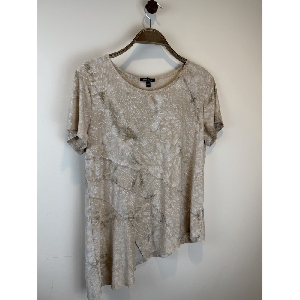 Women's Ethereal Fairy Watercolor Short Sleeve Asymmetrical Hem Stretch Top L - Picture 1 of 8